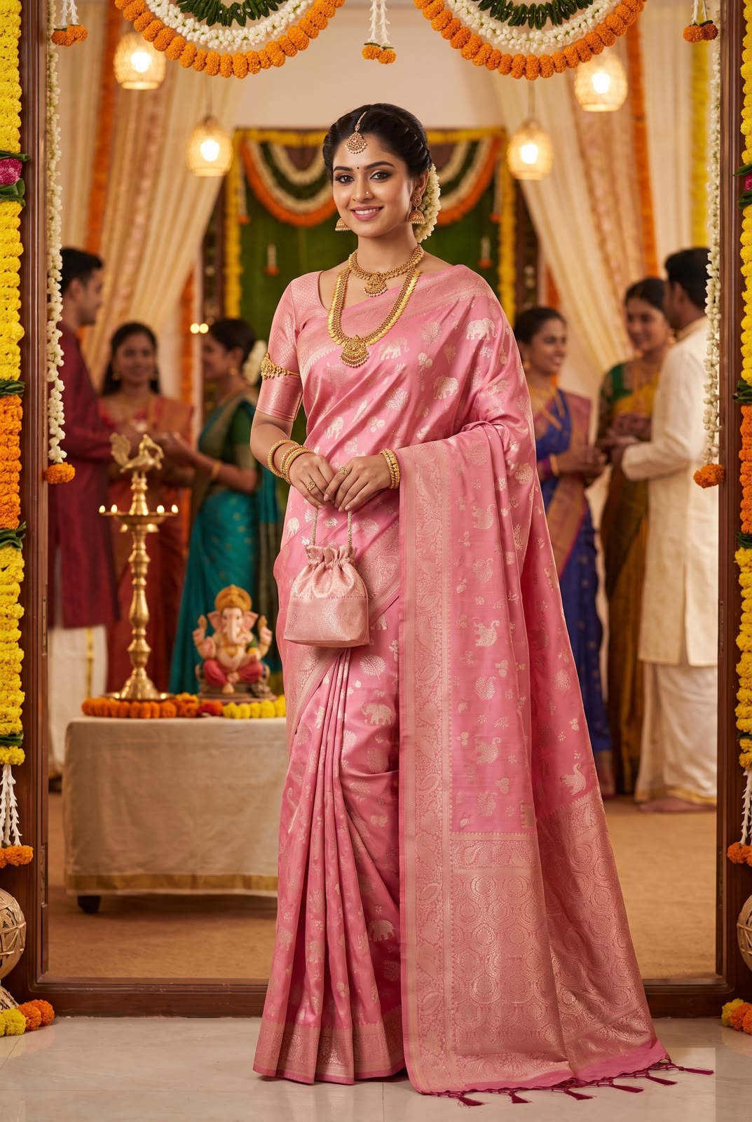 Rose Pink Soft Tissue Kanjivaram Silk Saree – Rich Pallu & Jacquard Work with Woven Blouse - front view | Nardev Fashions