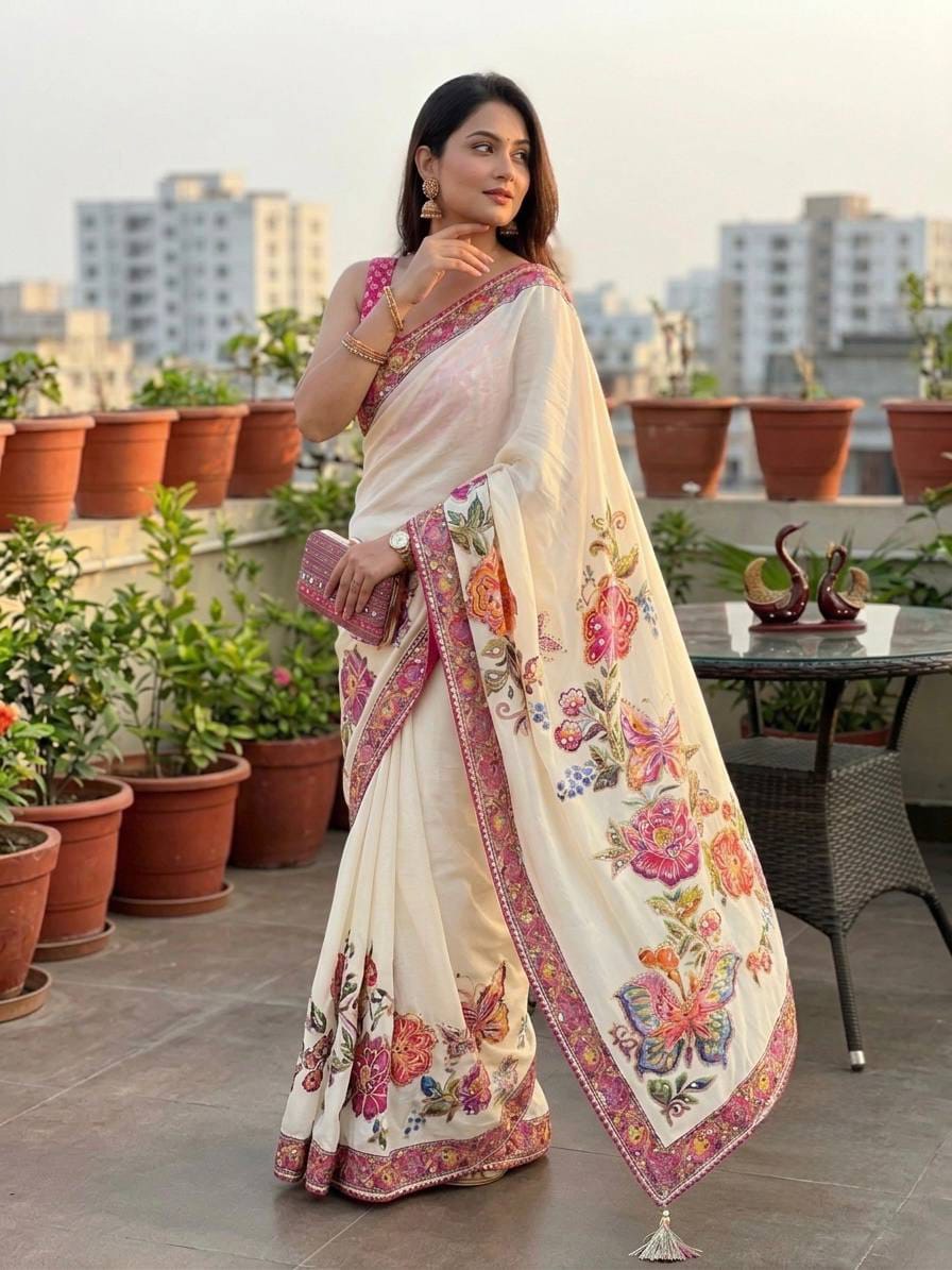 Off-White Chinnon Silk Saree – Butterfly & Floral Print with Sequins & Mirror Work - close-up detail view | Nardev Fashions