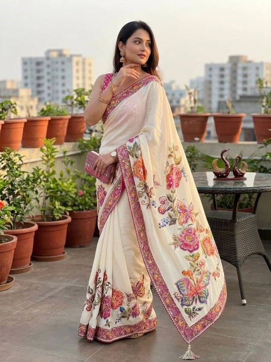 Off-White Chinnon Silk Saree – Butterfly & Floral Print with Sequins & Mirror Work - close-up detail view | Nardev Fashions