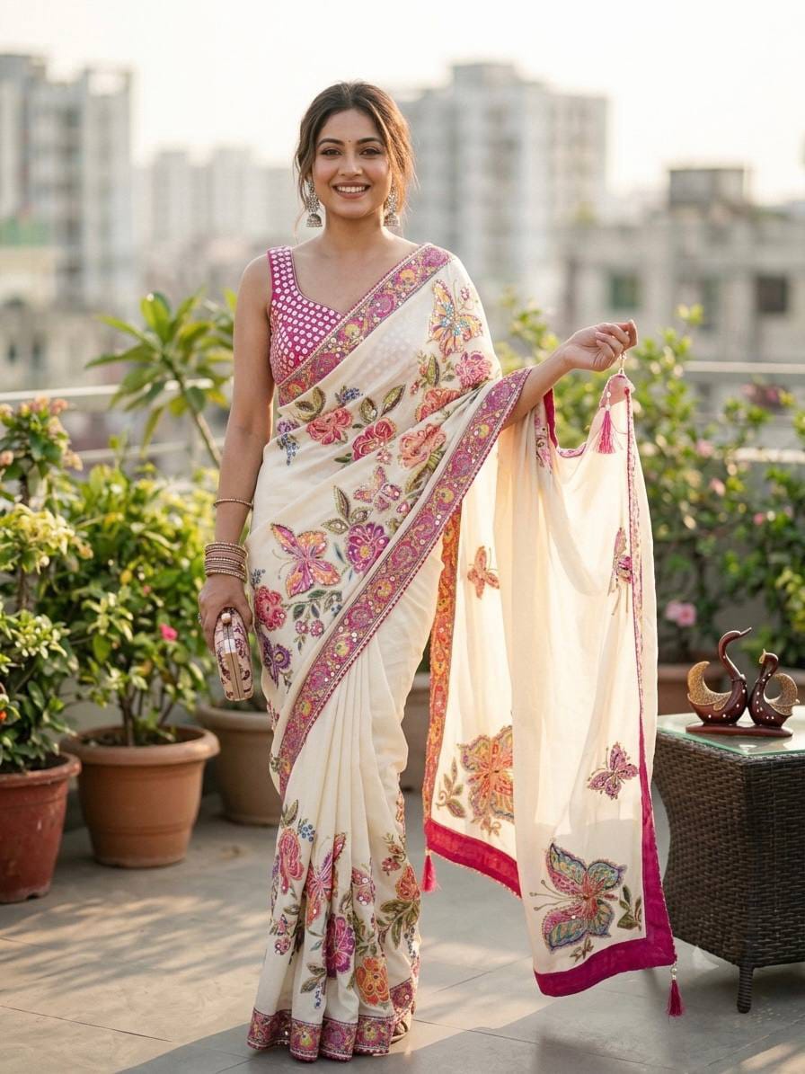 Off-White Chinnon Silk Saree – Butterfly & Floral Print with Sequins & Mirror Work - front view | Nardev Fashions