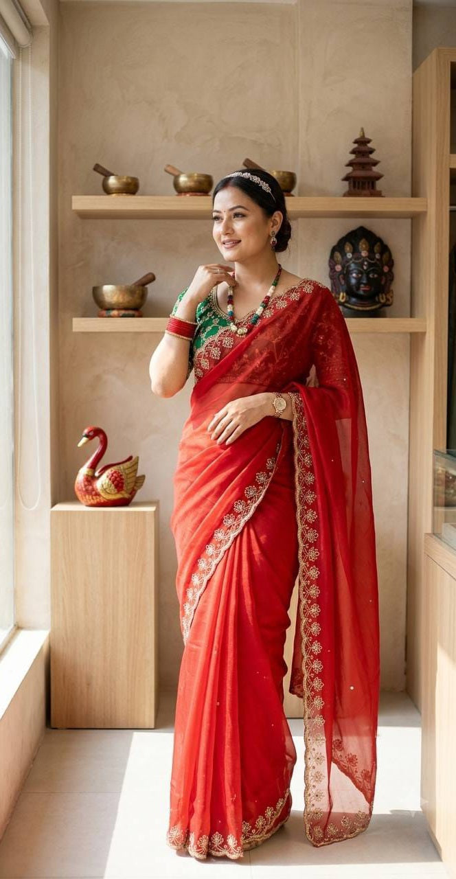 Red Soft Georgette Saree – Beautiful Sequins Embroidery Work with Georgette Blouse - close-up detail view | Nardev Fashions