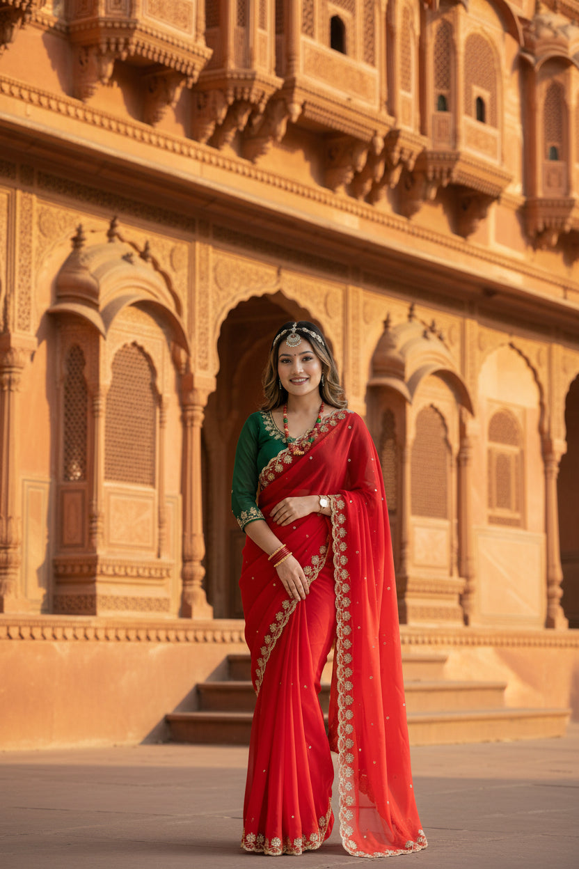 Red Soft Georgette Saree – Beautiful Sequins Embroidery Work with Georgette Blouse - front view | Nardev Fashions