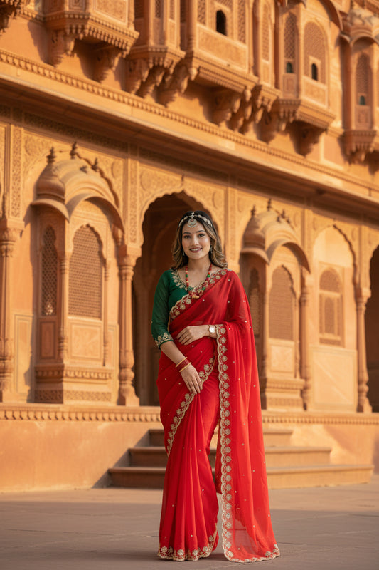 Red Soft Georgette Saree – Beautiful Sequins Embroidery Work with Georgette Blouse - front view | Nardev Fashions