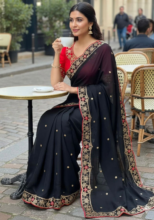 Black Heavy Rangoli Silk Saree – Fancy Embroidery, Thread & Zari C-Pallu with Contrast Blouse - close-up detail view | Nardev Fashions