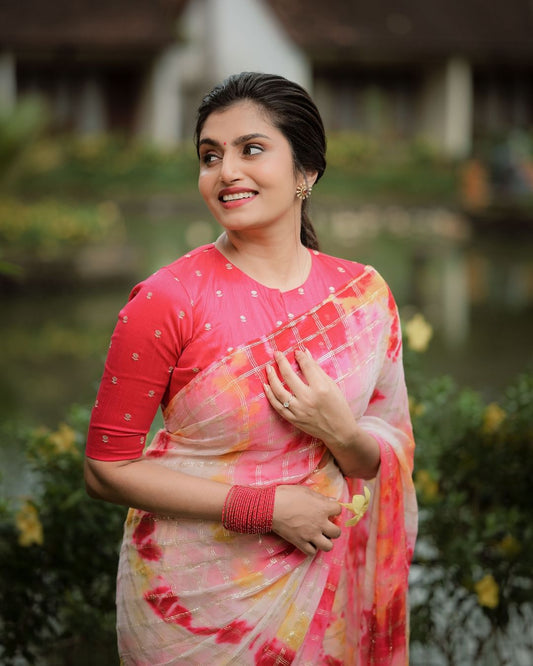 Multicolour Shibori Georgette Zari Checks Saree – Tie & Dye with Contrast Pink Phantom Silk Blouse - front view | Nardev Fashions