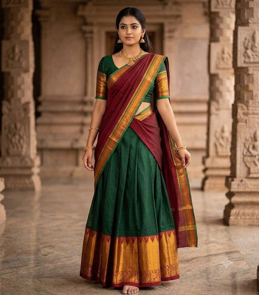 Bottle Green Narayanpet Pure Mercerised Cotton Half Saree Set – Rich Gold Zari Woven Ruby Red Border – Unstitched - Indian Ethnic Wear - front view |...