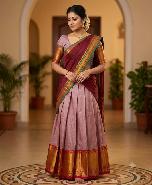 Dusty Mauve Narayanpet Pure Mercerised Cotton Half Saree Set – Rich Gold Zari Woven Maroon Border – Unstitched - Indian Ethnic Wear - front view |...