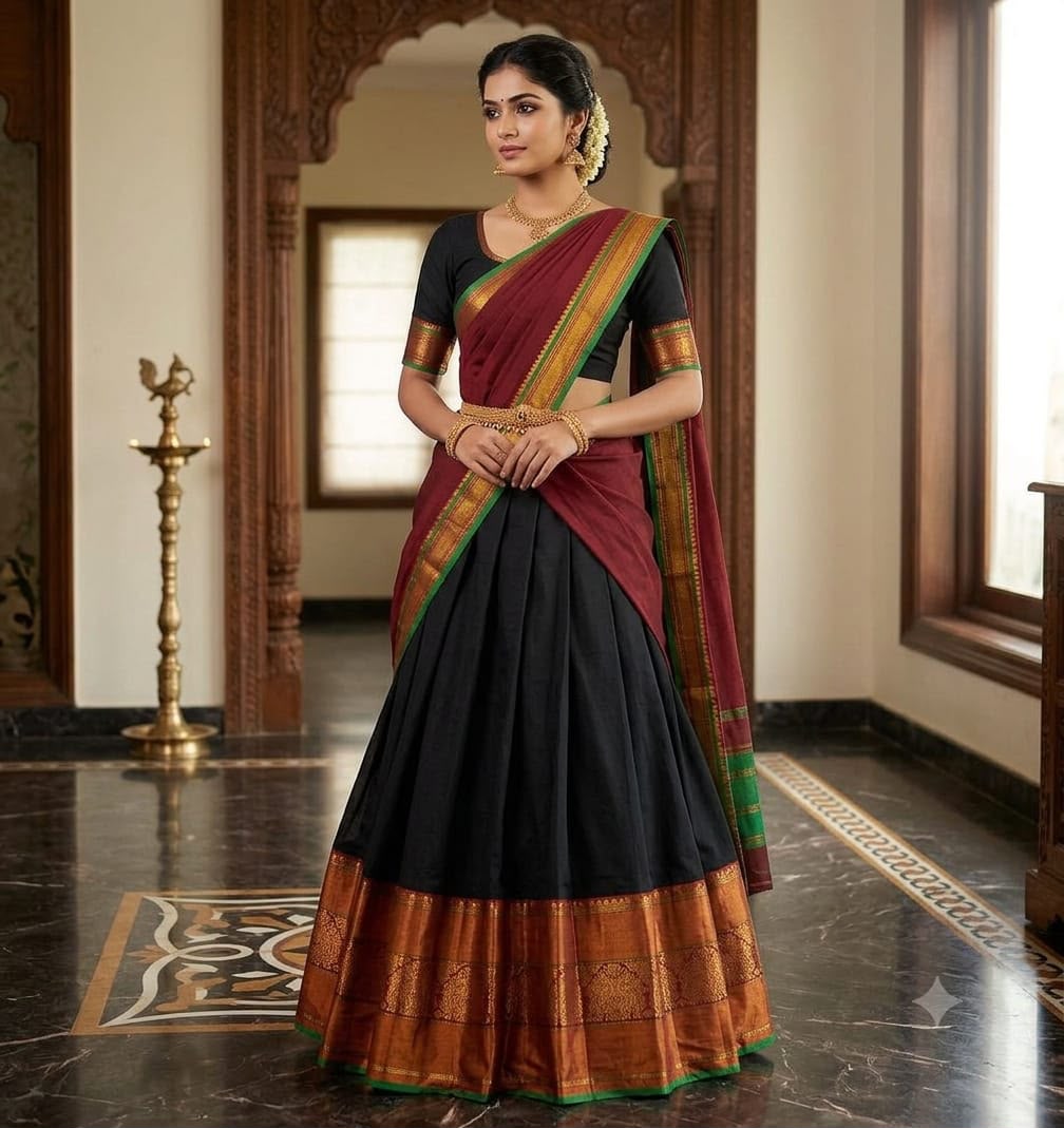 Jet Black Narayanpet Pure Mercerised Cotton Half Saree Set – Rich Copper Gold Zari Woven Maroon Border – Unstitched - Indian Ethnic Wear - front view |...