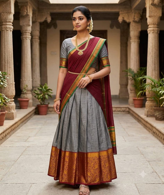 Steel Grey Narayanpet Pure Mercerised Cotton Half Saree Set – Rich Gold Zari Woven Maroon Border – Unstitched - Indian Ethnic Wear - close-up detail...