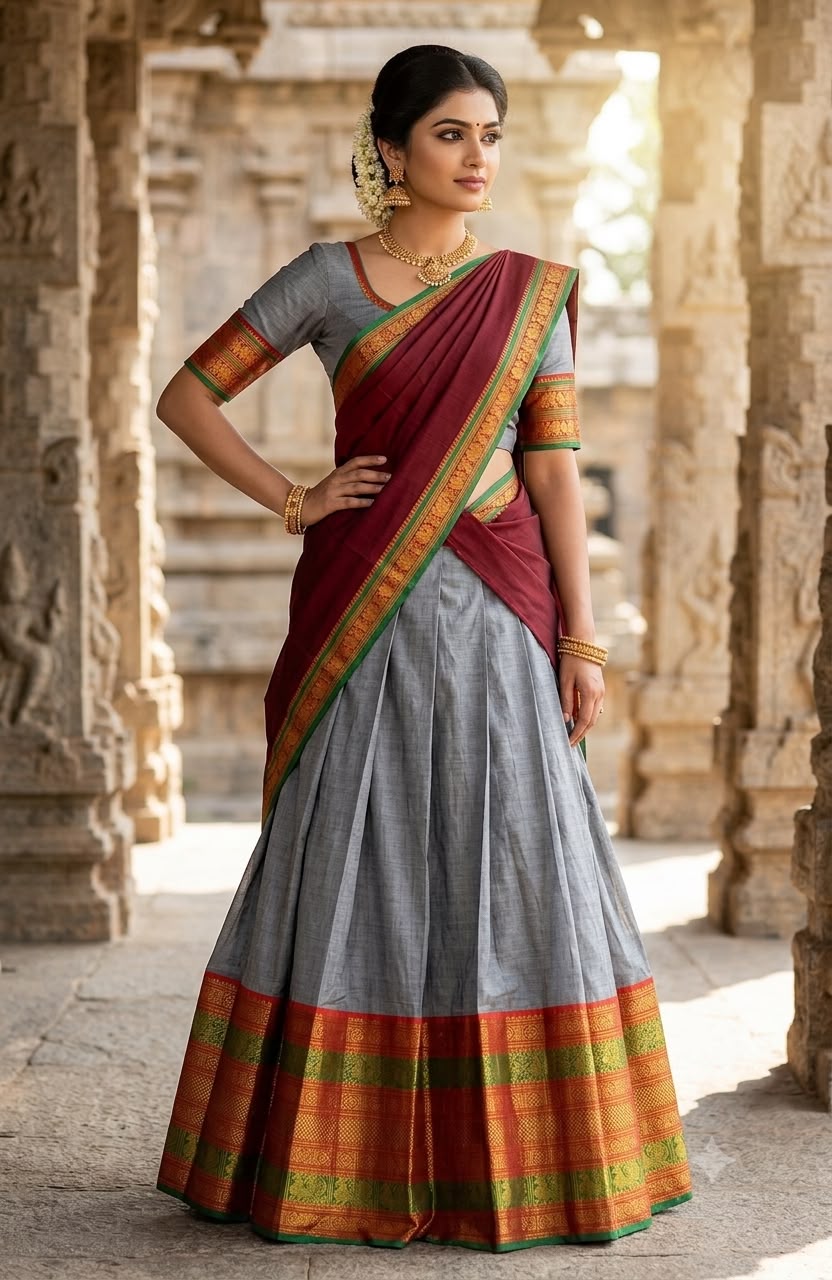 Steel Grey Narayanpet Pure Mercerised Cotton Half Saree Set – Rich Gold Zari Woven Maroon Border – Unstitched - Indian Ethnic Wear - front view |...