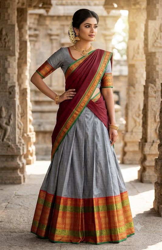 Steel Grey Narayanpet Pure Mercerised Cotton Half Saree Set – Rich Gold Zari Woven Maroon Border – Unstitched - Indian Ethnic Wear - front view |...