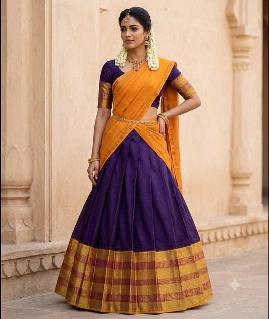 Deep Violet Narayanpet Pure Mercerised Cotton Half Saree Set – Rich Gold Zari Woven Mustard Border – Unstitched - Indian Ethnic Wear - front view |...