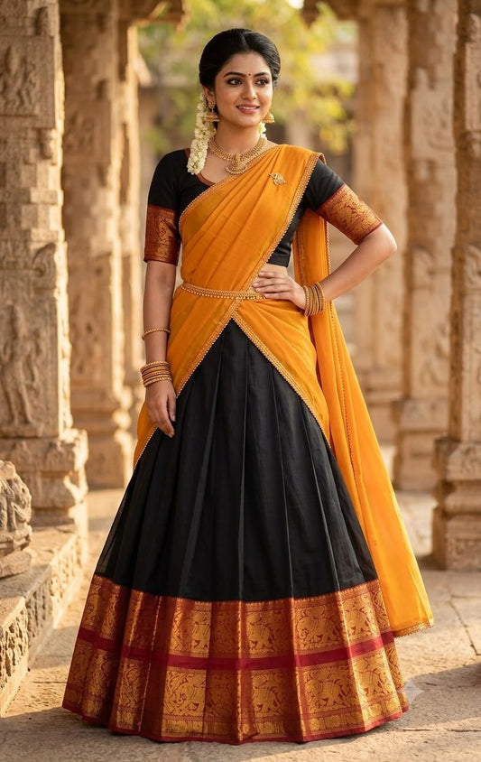Jet Black Narayanpet Pure Mercerised Cotton Half Saree Set – Rich Gold Zari Woven Mustard Border – Unstitched - Indian Ethnic Wear - front view |...