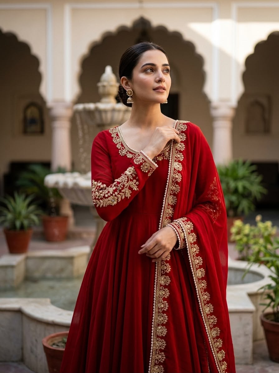 Deep Crimson Fox Georgette Anarkali Gown Set - Mughal palace courtyard seated model three-quarter view showing dense gold zardozi floral bouquet embroidery with moti vine trailing scrollwork from shoulder to cuff on full sleeves, round neckline with gold moti sequence border, full flare crimson fox georgette anarkali and dupatta with gold moti lace border