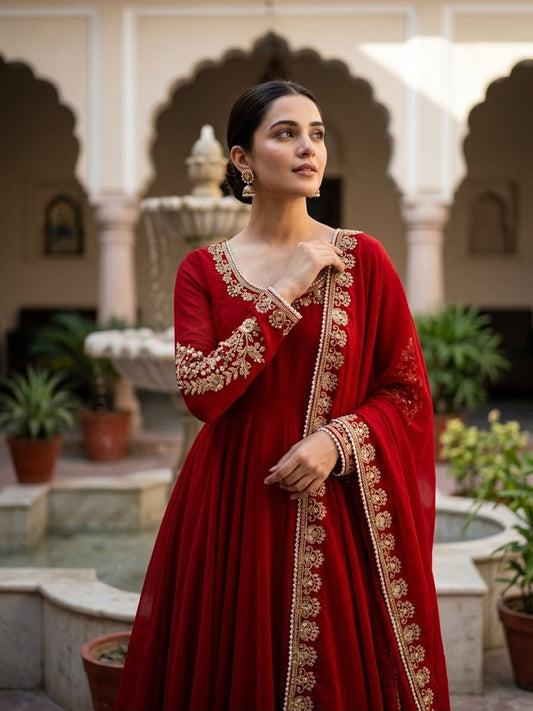 Deep Crimson Fox Georgette Anarkali Gown Set - Mughal palace courtyard seated model three-quarter view showing dense gold zardozi floral bouquet embroidery with moti vine trailing scrollwork from shoulder to cuff on full sleeves, round neckline with gold moti sequence border, full flare crimson fox georgette anarkali and dupatta with gold moti lace border