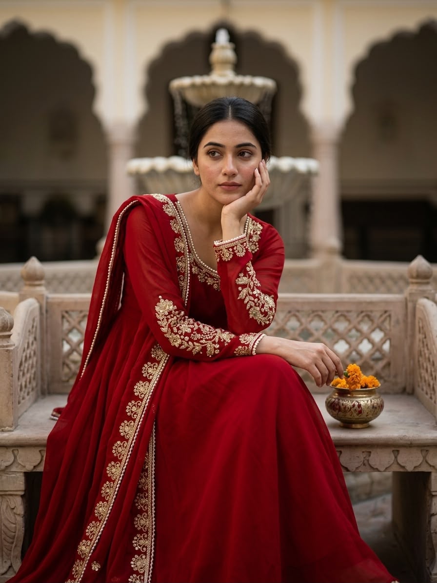 Deep Crimson Fox Georgette Anarkali Gown Set - Mughal palace garden golden hour full length standing model front view showing complete 3-piece set with round neckline gold zardozi border, full sleeves dense gold zardozi floral moti vine embroidery, sweeping full flare crimson fox georgette floor-length anarkali gown and matching crimson dupatta with gold zardozi moti lace border trailing elegantly