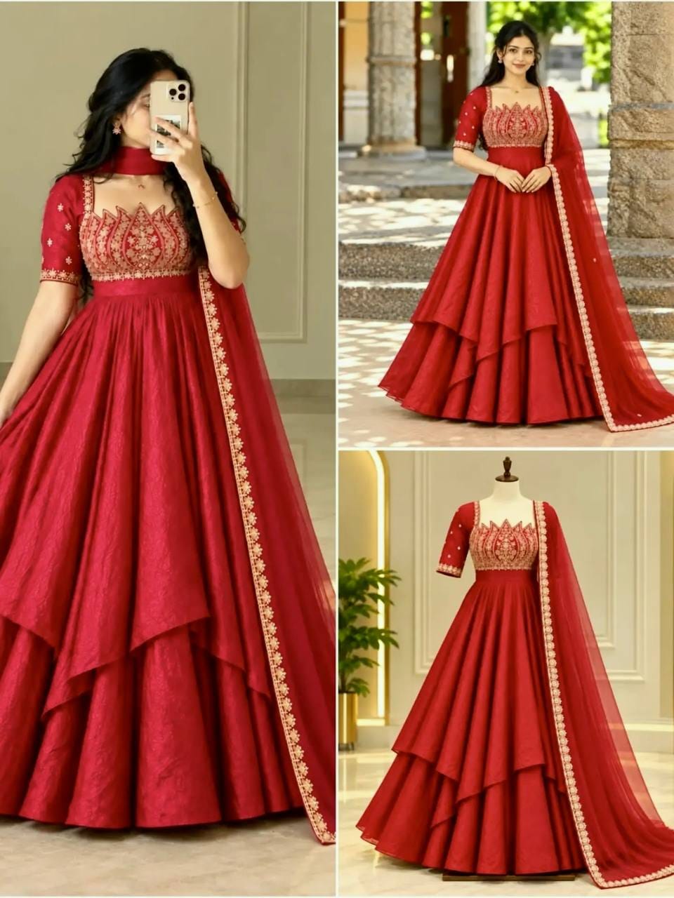 Collage of crimson red Fandy crush silk lotus Anarkali gown styling showing cutdana and sequin bodice detailing, layered flare and embroidered net dupatta.