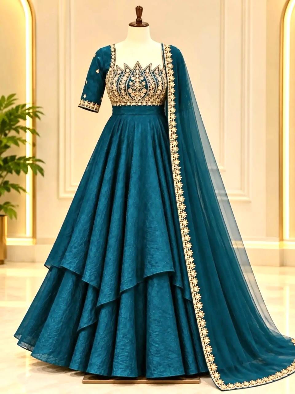 Teal blue lotus Anarkali gown on a mannequin showing metallic-tone cutdana and sequin bodice work, layered flared skirt and embroidered butterfly net dupatta.