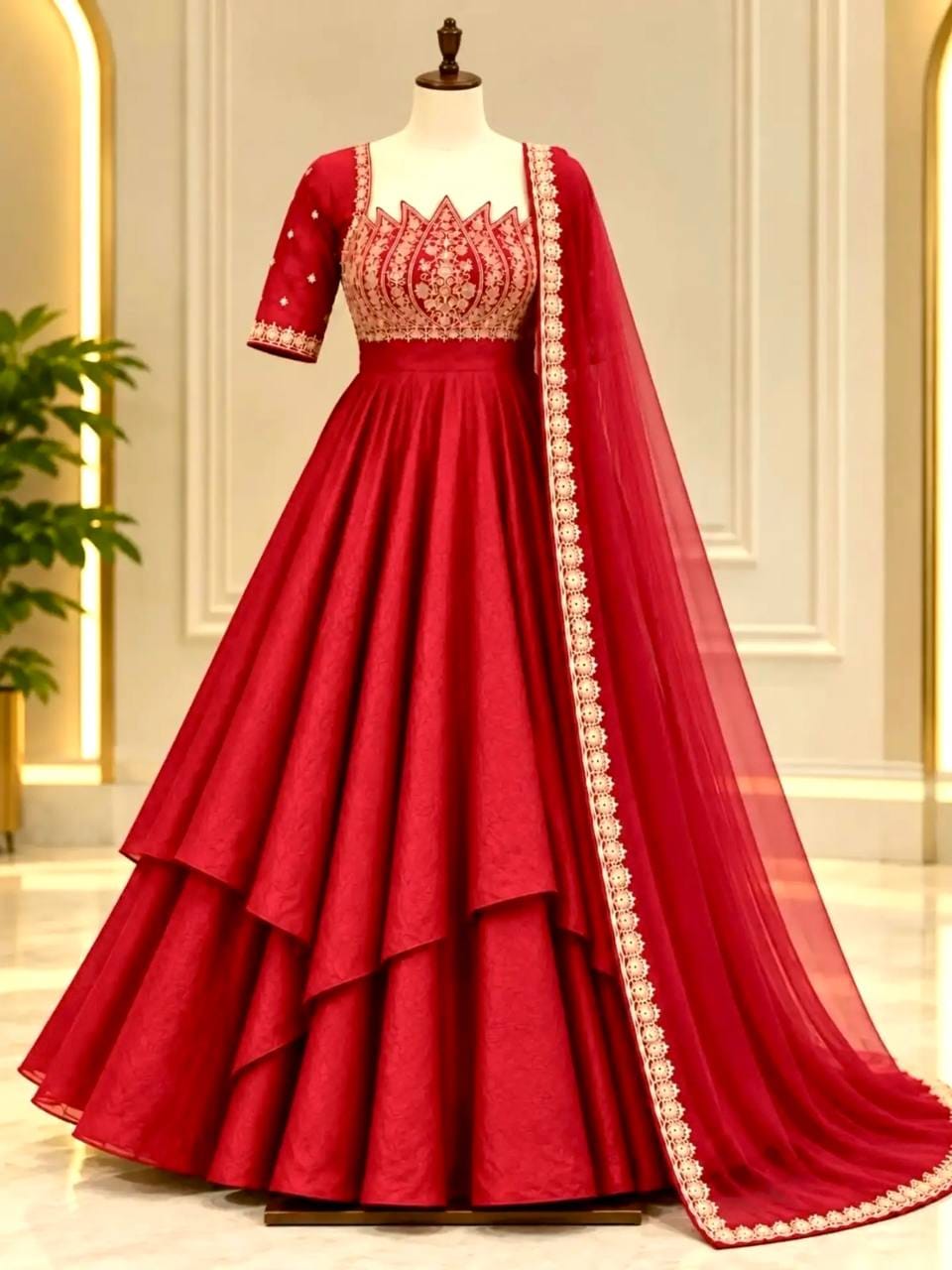 Crimson red Fandy crush silk Anarkali gown on a mannequin with gold-tone lotus bodice embroidery, elbow-length sleeves, layered flared skirt and bordered net dupatta.