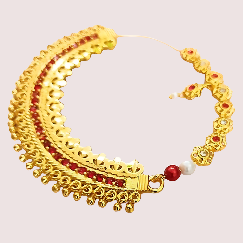 Women's Golden Gold-Plated Nose Ring, Classic Golden Bridal Nath - Apparel - front view | Snazzyway
