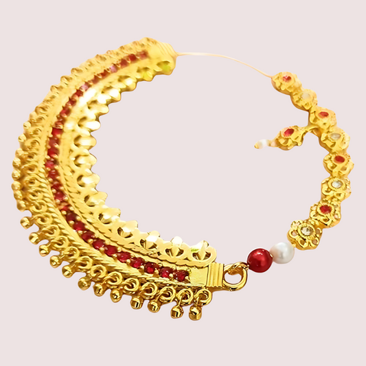 Women's Golden Gold-Plated Nose Ring, Classic Golden Bridal Nath - Apparel - front view | Snazzyway