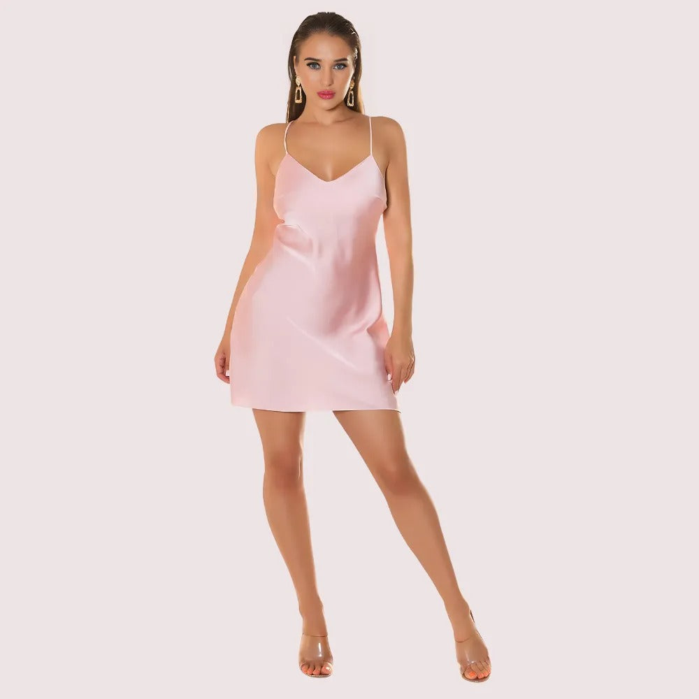 Women's Pink Satin Dress, Regal Pink Evening Wear - Apparel - front view | Snazzyway