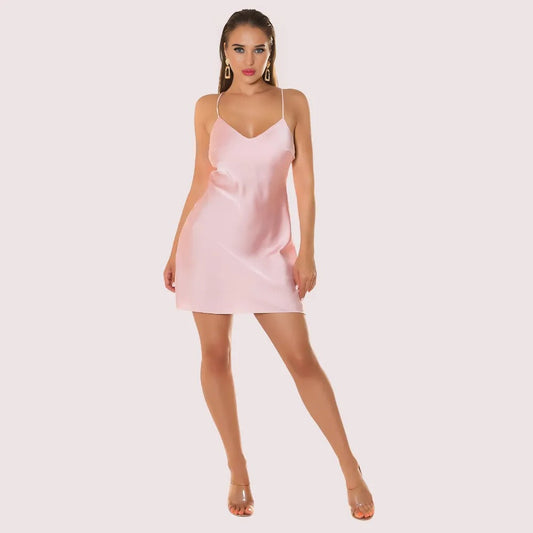 Women's Pink Satin Dress, Regal Pink Evening Wear - Apparel - front view | Snazzyway