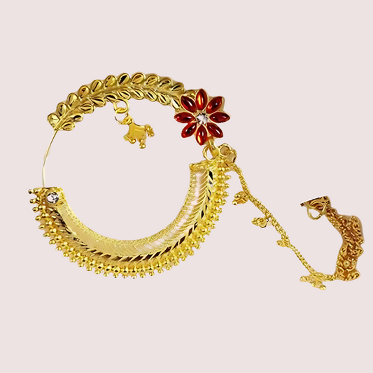 Women's Golden Designer Nose Ring, Chic Golden Bridal Nath - Apparel - front view | Snazzyway