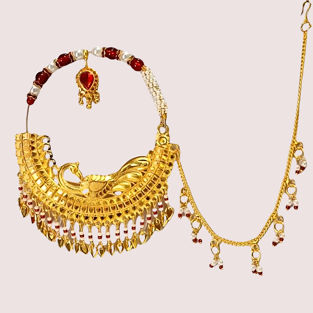 Women's Golden Gold-Plated Nose Ring, Elegant Golden Bridal Nath - Apparel - front view | Snazzyway