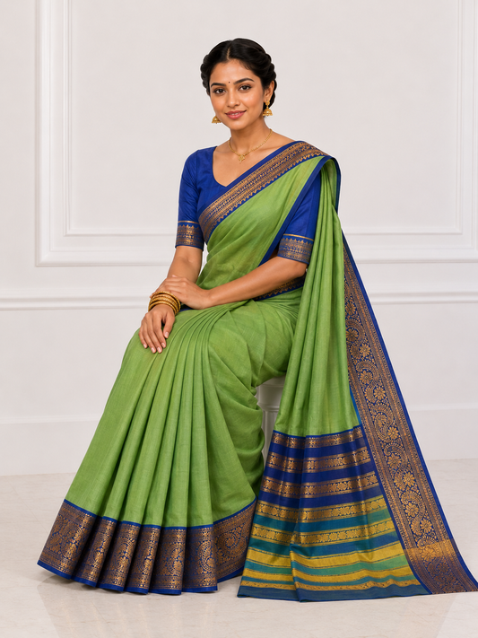 Mid Green Narayanpet Pure Mercerised Cotton Saree with Rich Gold Zari Woven Ruby Red Border - Indian Ethnic Wear - front view | Chindak Textiles