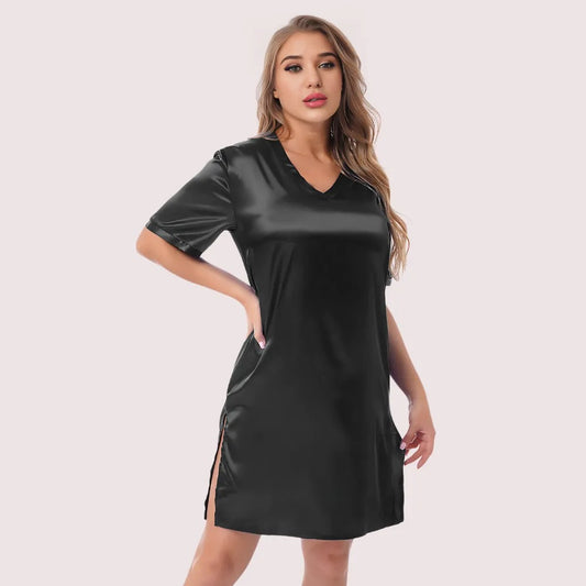 Women's Dark Black Satin Sleepwear, Elegant Dark Nightwear - Apparel - front view | Snazzyway