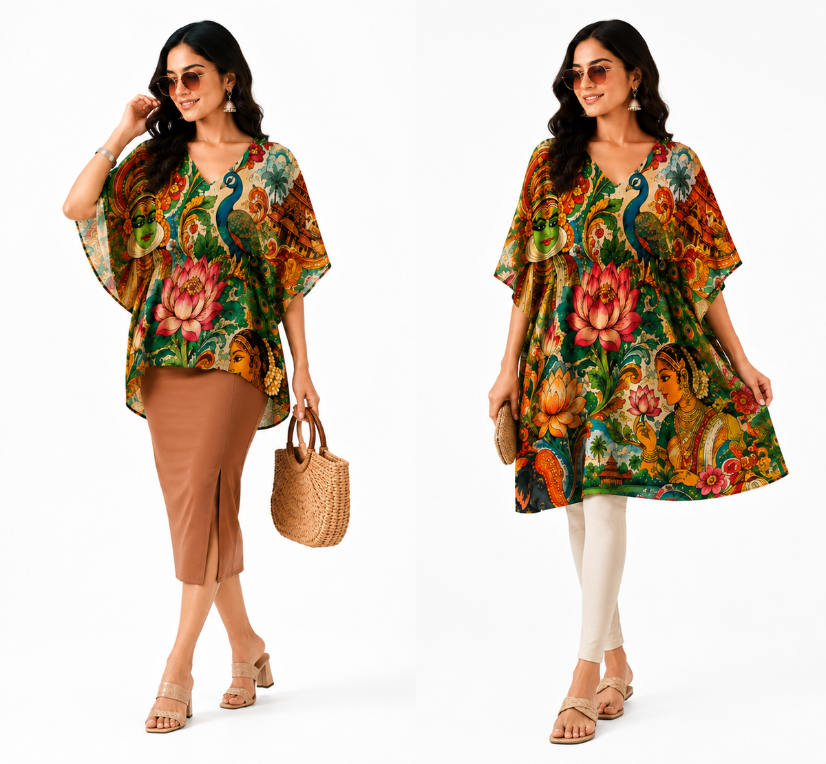 Kerala Mural Art Kaftan Midi Dress for Women - Western Wear - back view | Qikink