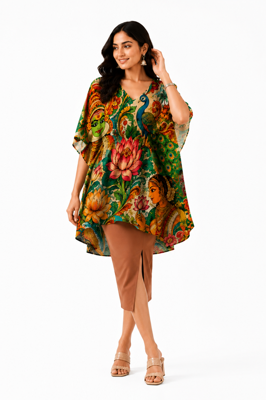 Kerala Mural Art Kaftan Midi Dress for Women - Western Wear - front view | Qikink