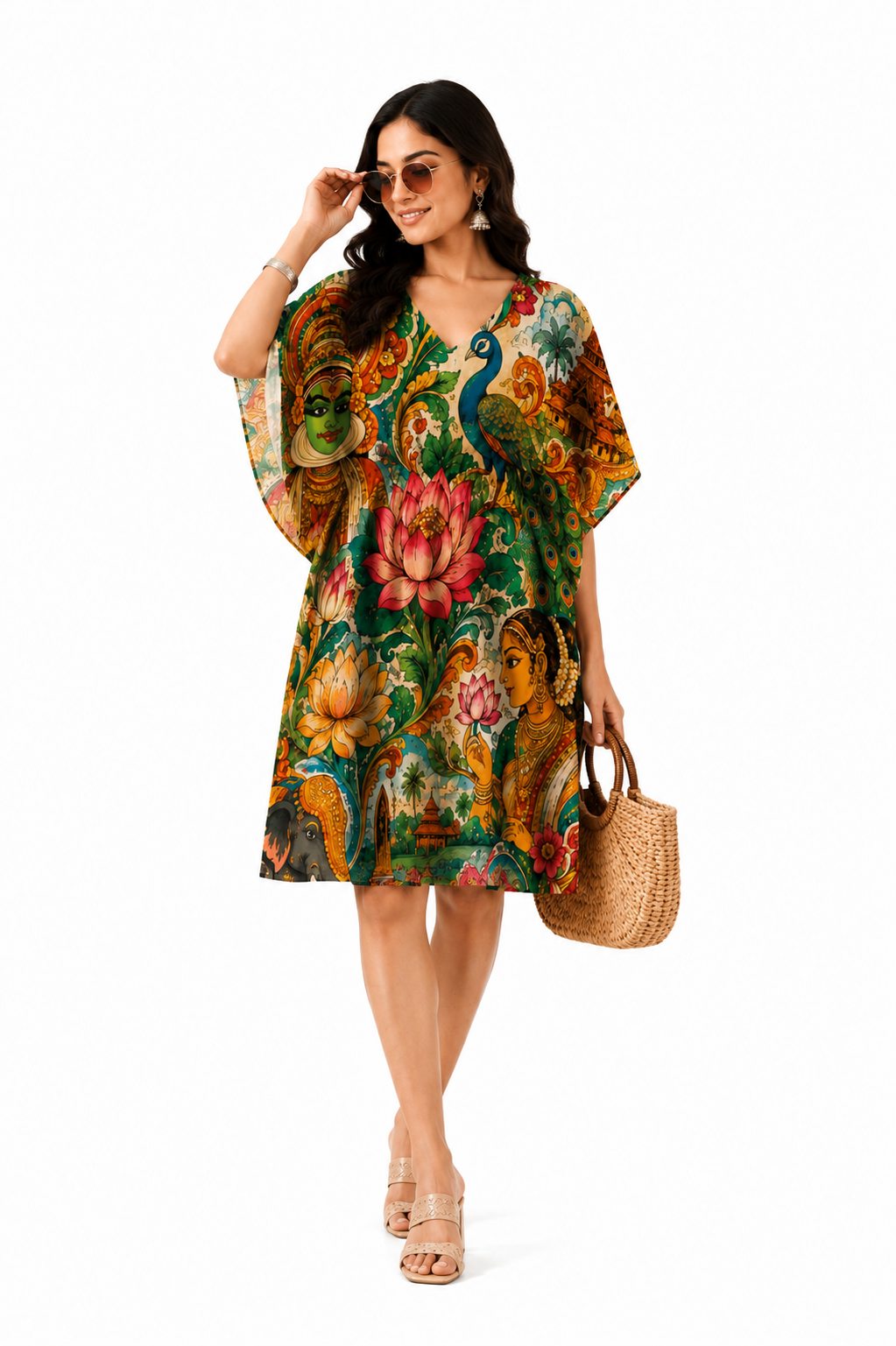 Kerala Mural Art Kaftan Midi Dress for Women - Western Wear - close-up detail view | Qikink