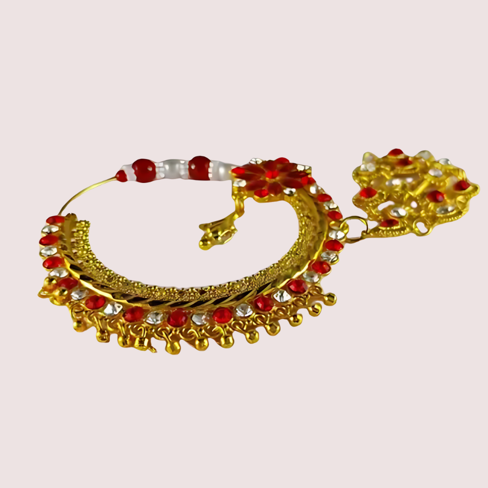 Women's Golden Designer Nose Ring, Opulent Golden Bridal Nath - Apparel - front view | Snazzyway