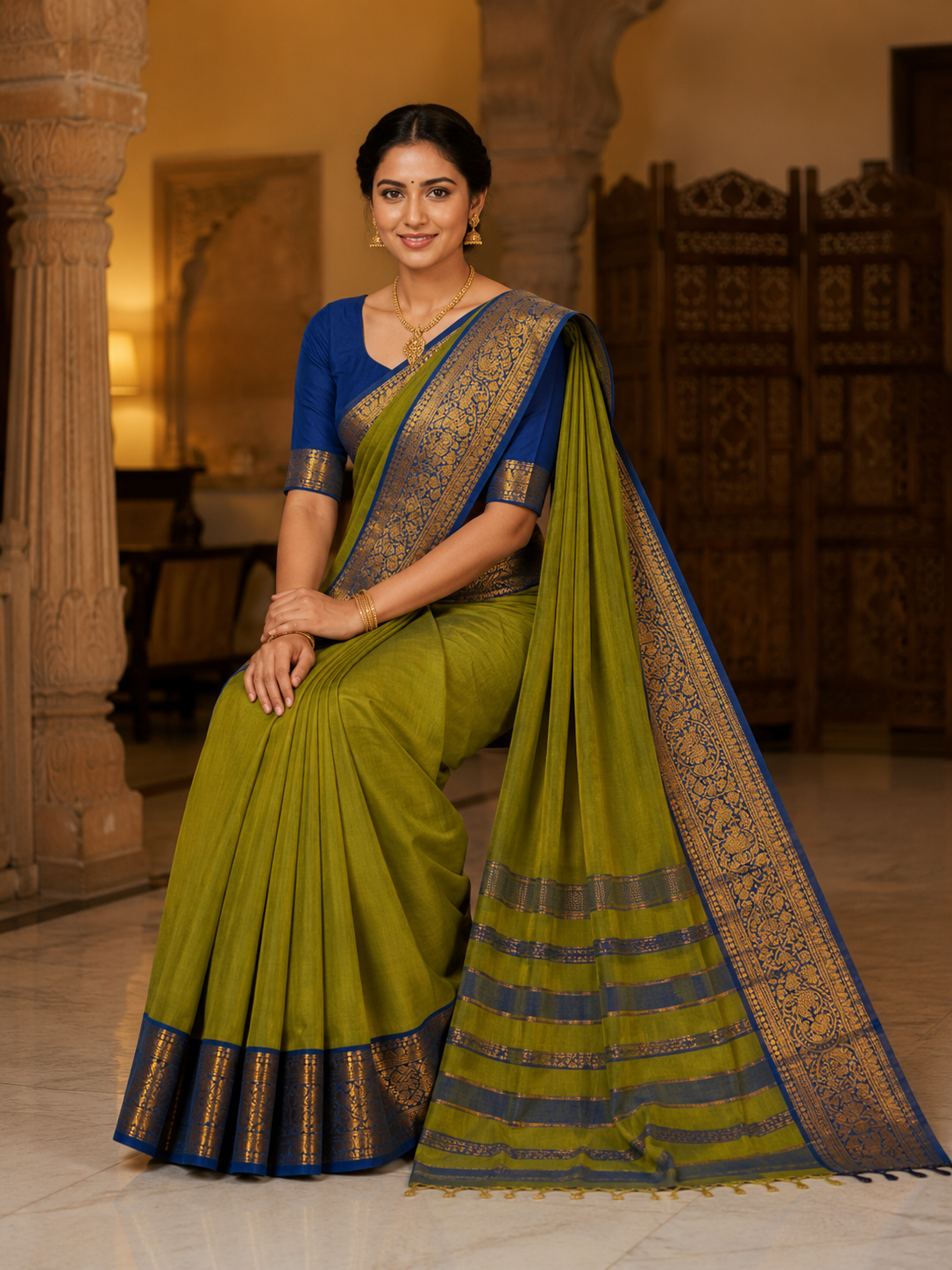 Olive Green Narayanpet Pure Mercerised Cotton Saree with Rich Gold Zari Woven Navy Blue Border - Indian Ethnic Wear - front view | Chindak Textiles