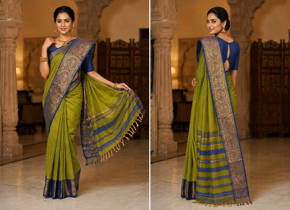 Olive Green Narayanpet Pure Mercerised Cotton Saree with Rich Gold Zari Woven Navy Blue Border - Indian Ethnic Wear - close-up detail view | Chindak...