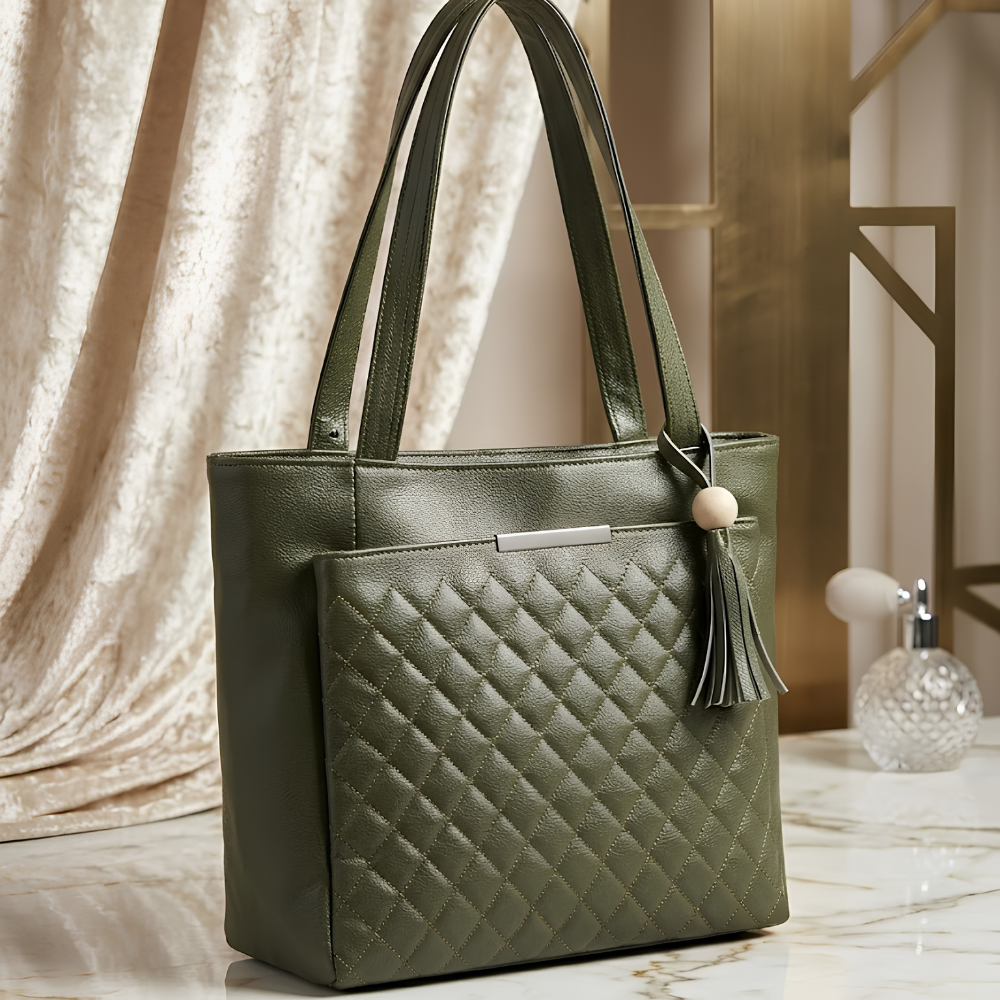 Women's Olive Green Quilted Tote Bag, Refined Olive Carryall Purse - Apparel - back view | Snazzyway