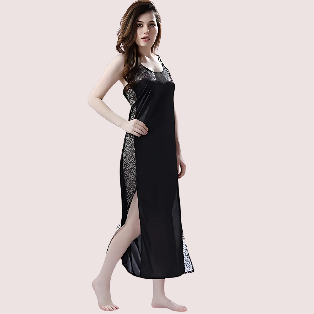 Women's Dark Black Lace Nightgown, Chic Dark Sleepwear - Apparel - back view | Snazzyway
