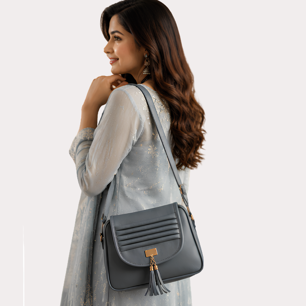 Women's Grey Designer Sling Bag, Exquisite Midnight Crossbody Purse - Uncategorized - close-up detail view | Snazzyway