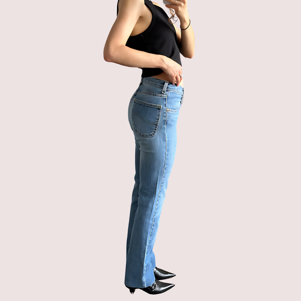 Women's Blue Denim Jeans, Charming Blue Denim Pants - Apparel - close-up detail view | Snazzyway
