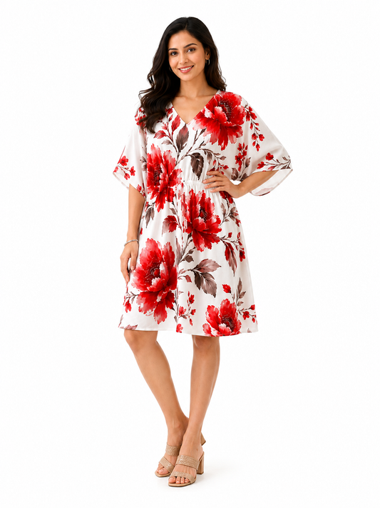 Red & White Floral Kaftan Midi Dress for Women - Western Wear - front view | Qikink