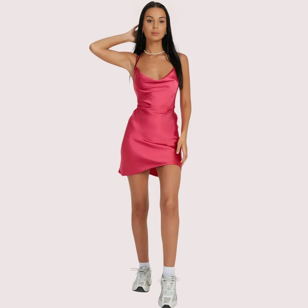 Women's Dark Pink Satin Dress, Sophisticated Dark Evening Wear - Apparel - front view | Snazzyway