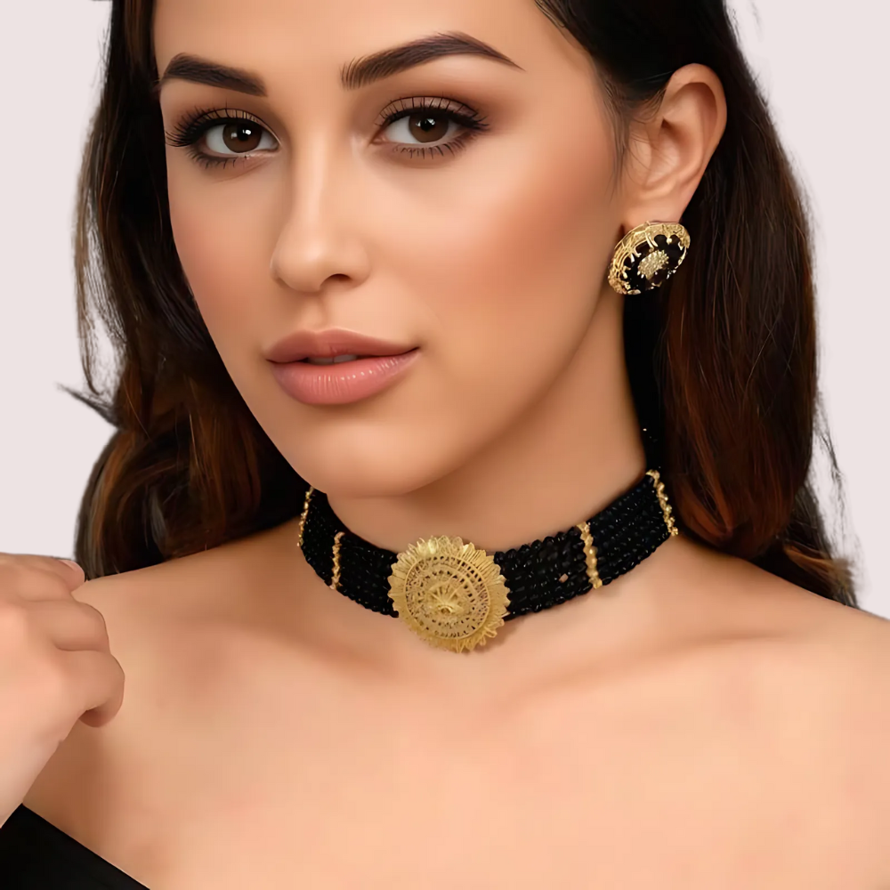 Women's Black Beaded Necklace, Charming Black Necklace Set - Apparel - front view | Snazzyway