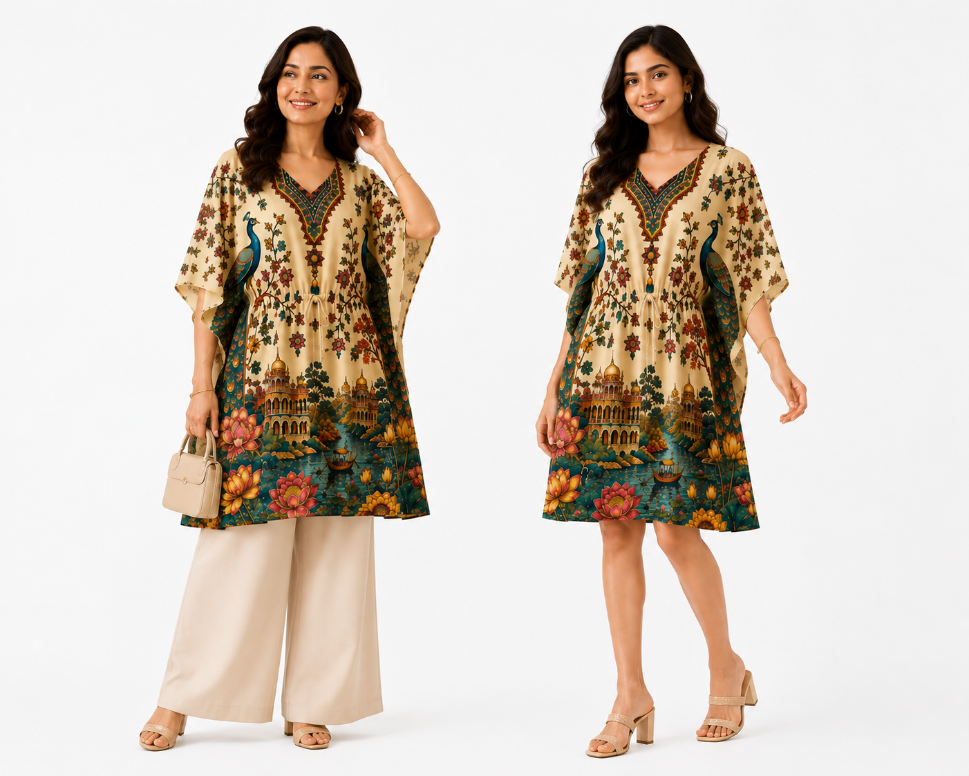 Royal Peacock Heritage Art Kaftan Midi Dress - Western Wear - back view | Qikink