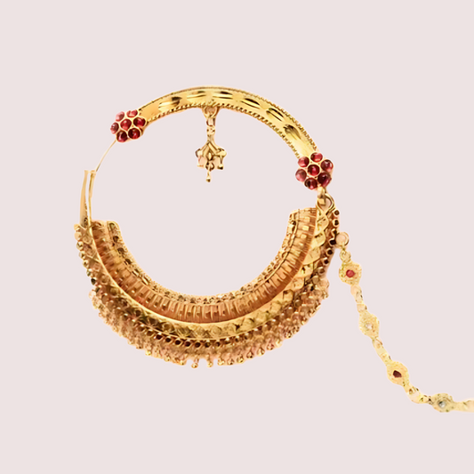 Women's Golden Gold-Plated Nose Ring, Exquisite Golden Bridal Nath - Apparel - front view | Snazzyway