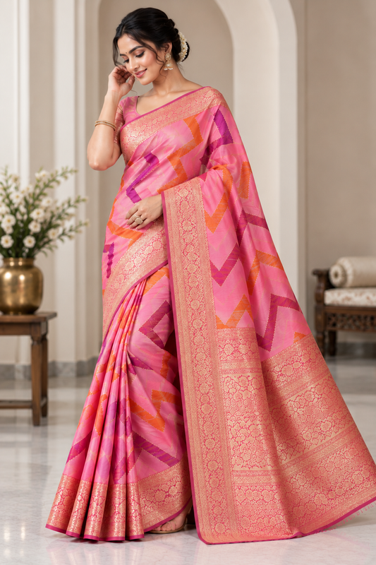 Magenta Pink Katan Silk Rangkat Work Designer Banarasi Saree