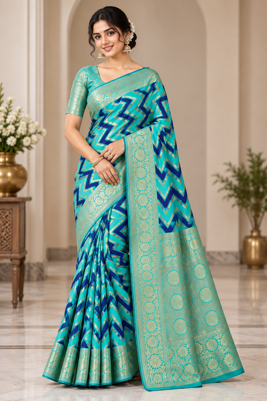 Turquoise Green Katan Silk Rangkat Work Designer Banarasi Saree