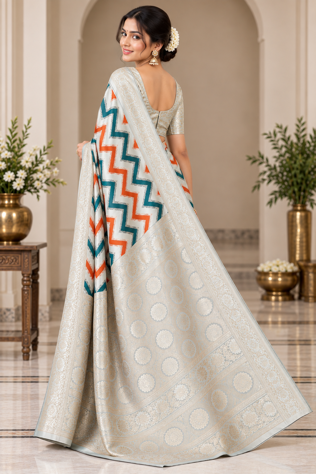 Ivory White Katan Silk Rangkat Work Designer Banarasi Saree