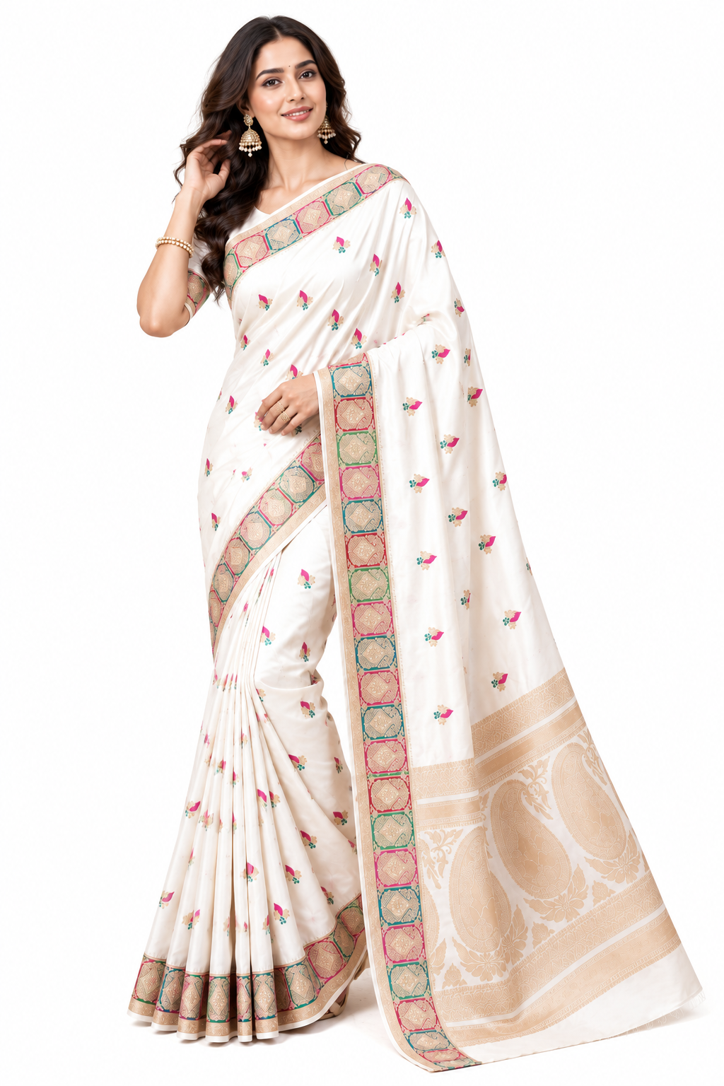 White Mashru Silk Resham and Zari Work Designer Banarasi Saree